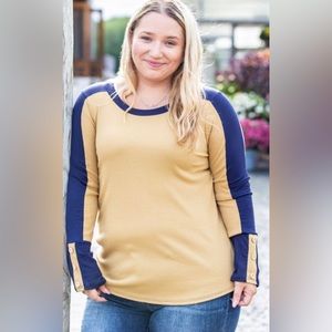 NWT SEW IN LOVE Navy & Mustard Ribbed Top/Shirt w/ Buttons~ 3X